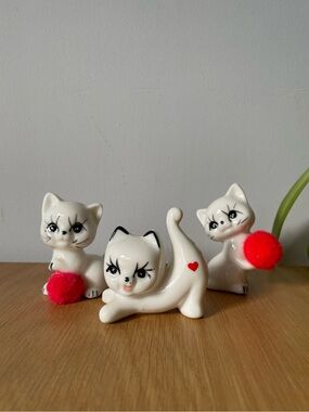 Vintage Anthropomorphic Kitschy Cat Kitten Figurines with Red Pom-Poms & Heart